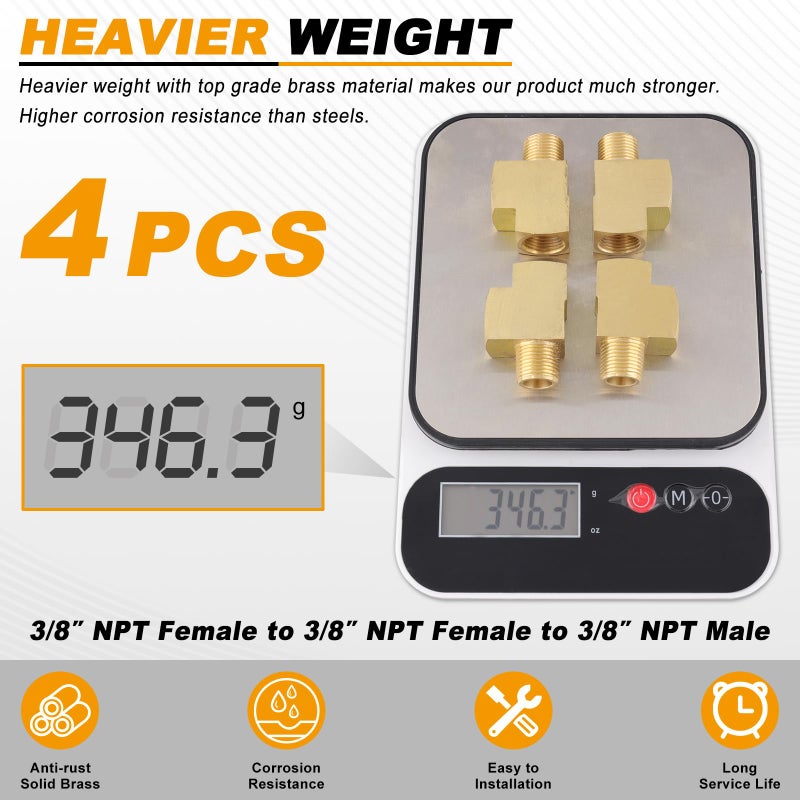 KOOTANS 4 Pack Brass Tee Fittings 3/8" NPT Female to 3/8" NPT Female to 3/8" NPT Male Barstock Street Tee Fittings 3 Way Brass Pipe Fitting - Image 5